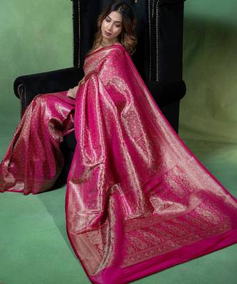 Rani pink satin woven saree with blouse 5