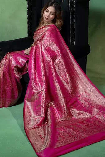 Rani pink satin woven saree with blouse