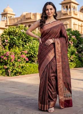 Rust katan silk woven saree with blouse 1