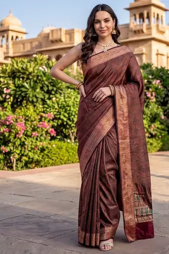 Rust katan silk woven saree with blouse