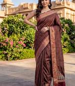 Rust katan silk woven saree with blouse