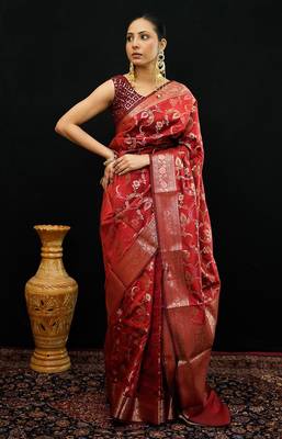 Red katan silk woven saree with blouse 1