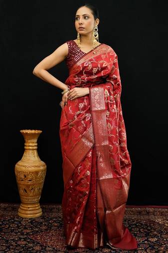 Red katan silk woven saree with blouse