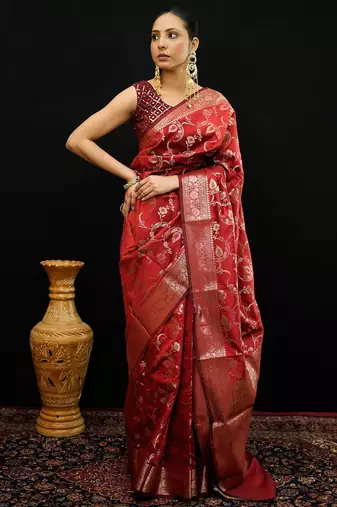 Red katan silk woven saree with blouse