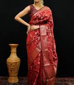 Red katan silk woven saree with blouse