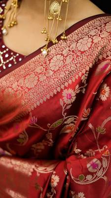 Red katan silk woven saree with blouse 2