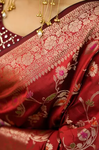 Red katan silk woven saree with blouse