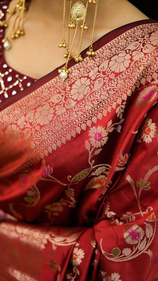 Red katan silk woven saree with blouse
