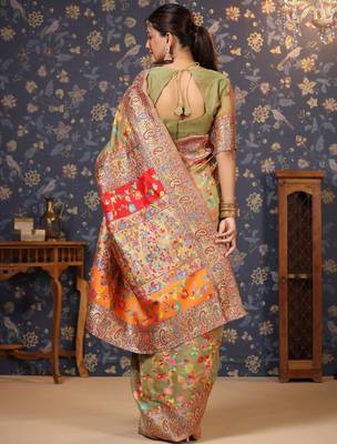 Lime floral printed banarasi saree 4
