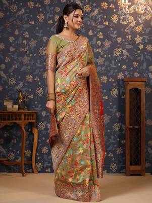 Lime floral printed banarasi saree 5