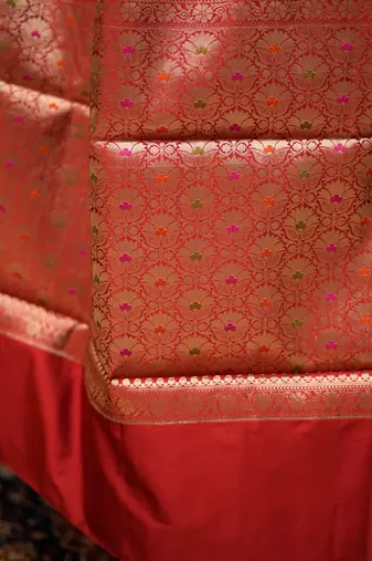 Red katan silk woven saree with blouse
