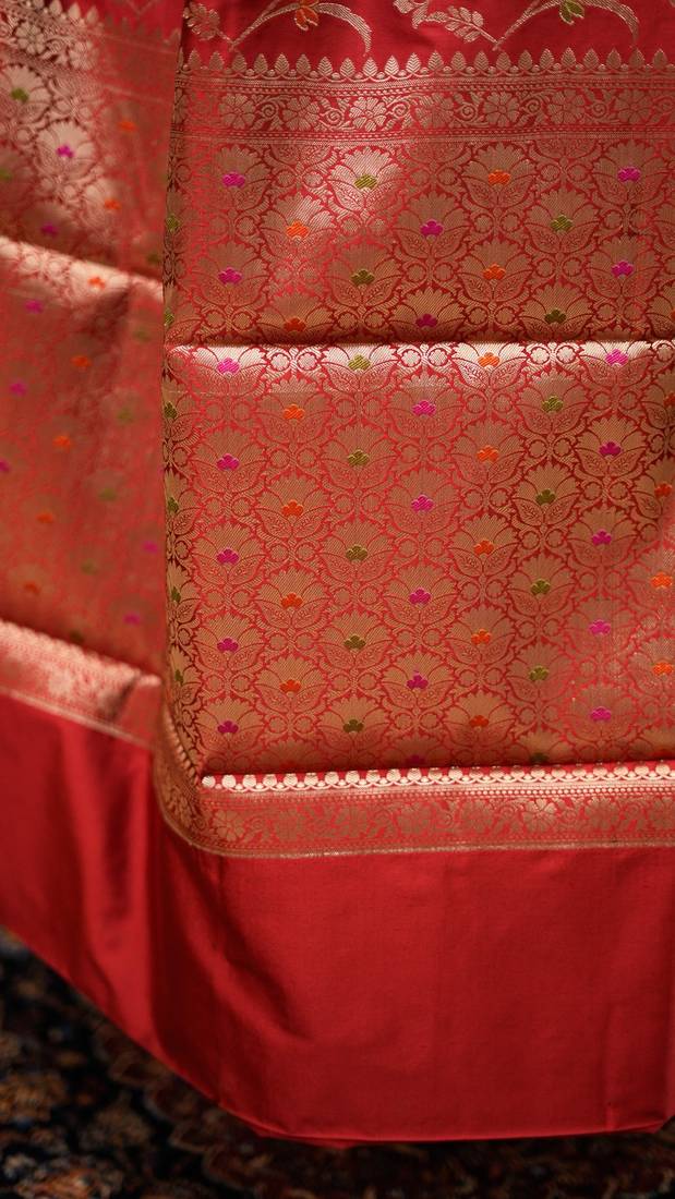 Red katan silk woven saree with blouse