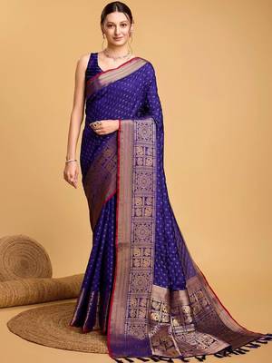 Blue woven design art silk kanjivaram saree with blouse piece 1