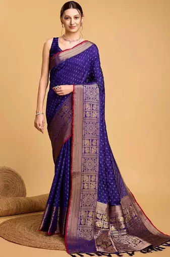 Blue woven design art silk kanjivaram saree with blouse piece