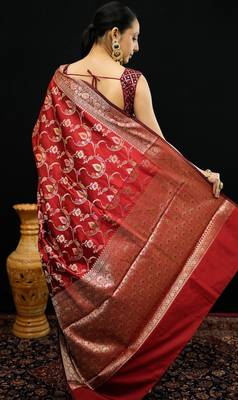 Red katan silk woven saree with blouse 4