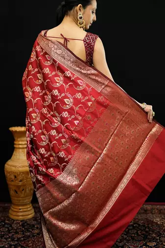 Red katan silk woven saree with blouse