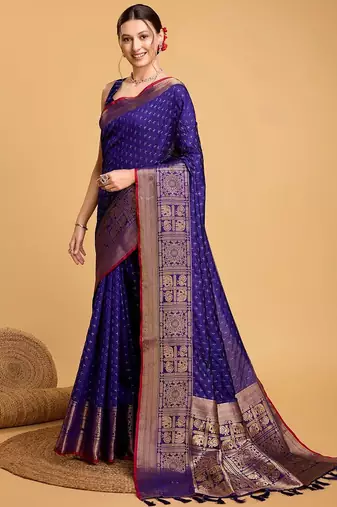 Blue woven design art silk kanjivaram saree with blouse piece