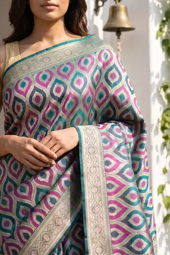 Rama green satin woven saree with blouse