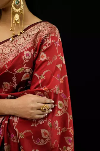 Red katan silk woven saree with blouse