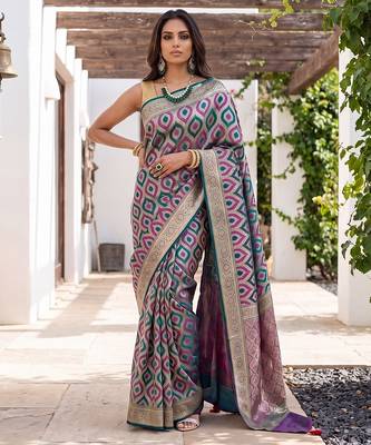Rama green satin woven saree with blouse 1