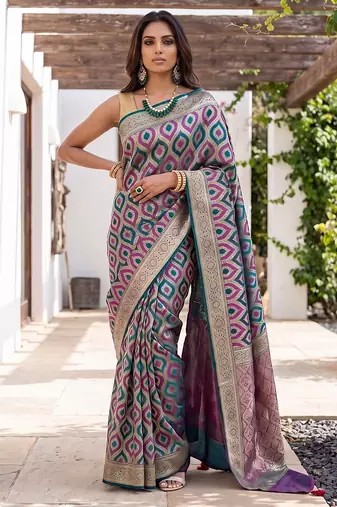 Rama green satin woven saree with blouse