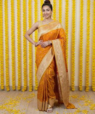 Mustard satin woven saree with blouse 1