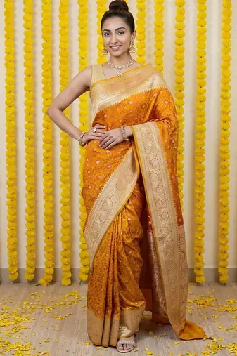 Mustard satin woven saree with blouse