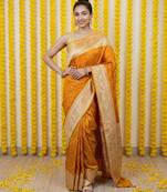 Mustard satin woven saree with blouse