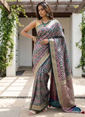 Rama green satin woven saree with blouse 5