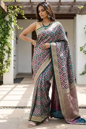 Rama green satin woven saree with blouse