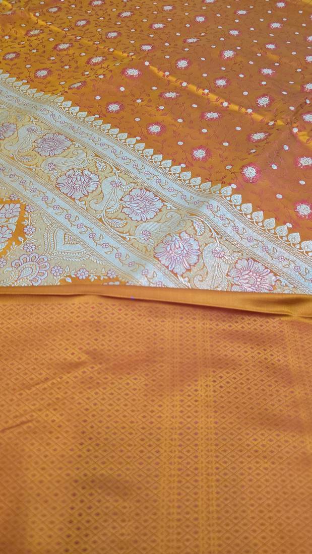 Mustard satin woven saree with blouse