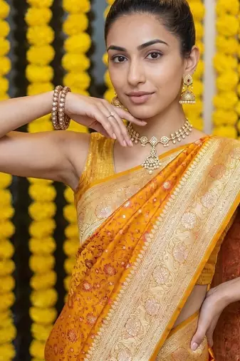 Mustard satin woven saree with blouse