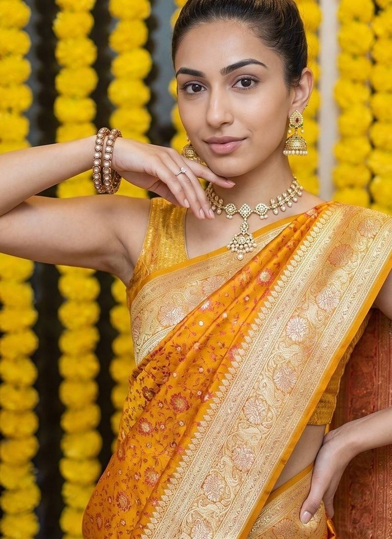 Mustard satin woven saree with blouse