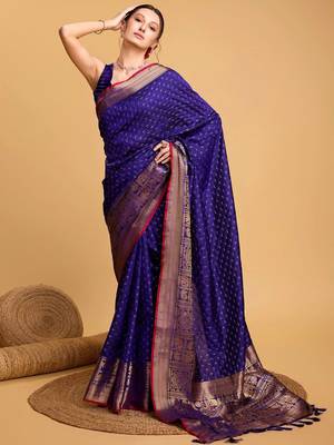 Blue woven design art silk kanjivaram saree with blouse piece 4
