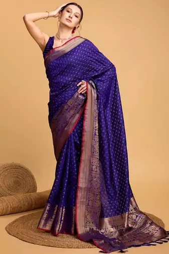Blue woven design art silk kanjivaram saree with blouse piece