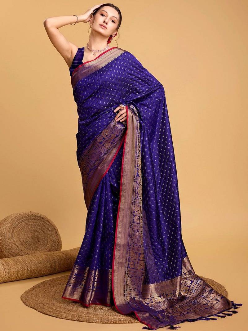 Blue woven design art silk kanjivaram saree with blouse piece