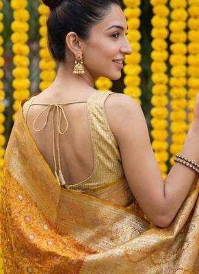 Mustard satin woven saree with blouse 4