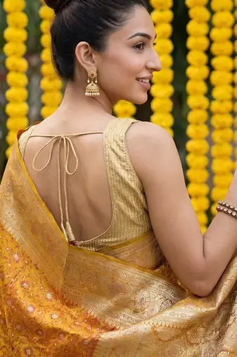 Mustard satin woven saree with blouse