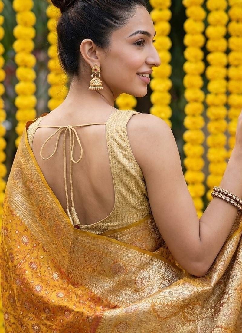 Mustard satin woven saree with blouse