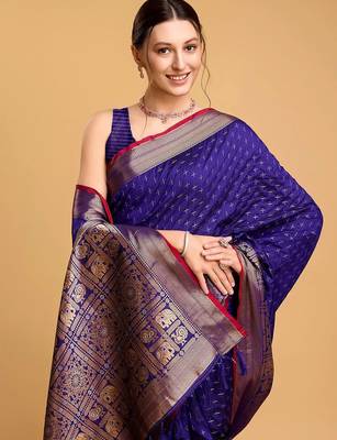 Blue woven design art silk kanjivaram saree with blouse piece 5