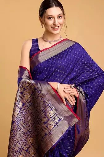 Blue woven design art silk kanjivaram saree with blouse piece