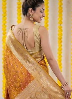 Mustard satin woven saree with blouse 5