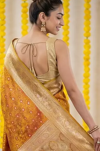 Mustard satin woven saree with blouse