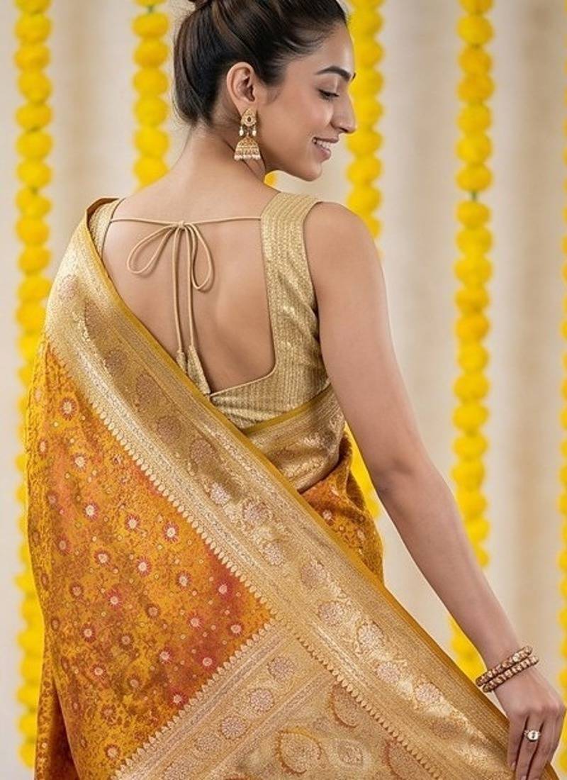 Mustard satin woven saree with blouse