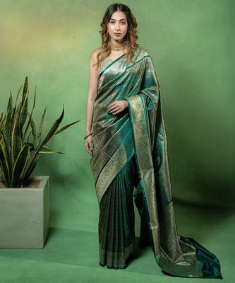 Rama-green satin woven saree with blouse 1