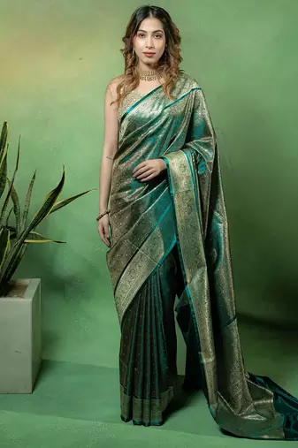 Rama-green satin woven saree with blouse