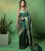 Rama-green satin woven saree with blouse