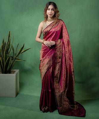 Maroon satin woven saree with blouse 1