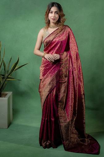 Maroon satin woven saree with blouse