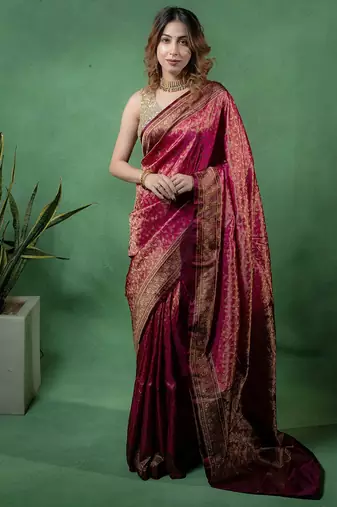 Maroon satin woven saree with blouse